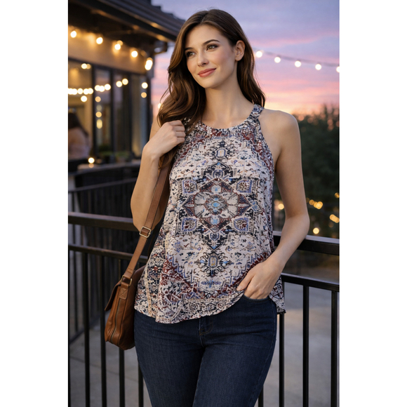 Miss Me Tops - Miss Me Small Embellished Boho Festival Sleeveless Keyhole Blouse Top